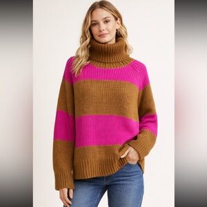 Who What Wear Pink & Brown Colorblock Chunky Knit Turtleneck Sweater Size M